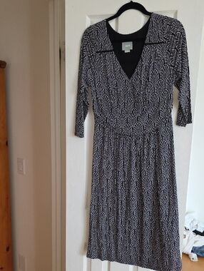 Anthropologie Maeve Black and White Printed Long-Sleeve V-Neck Dress